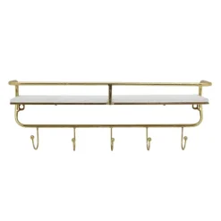 Kirkland's Home Hooks-Gold Metal And White Wood Wall Shelf With Hooks