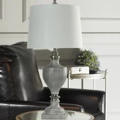 Kirkland's Home Table Lamps-Gray Faux Wood And Silver Table Lamp