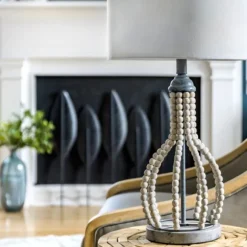 Kirkland's Home Table Lamps-Gray Iron And Rattan Beaded Table Lamp