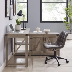 Kirkland's Home Office Furniture-Gray Rustic L-Shape Farmhouse Desk