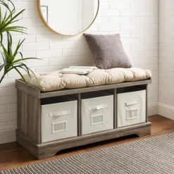 Kirkland's Home Benches & Ottomans-Gray Wash Entryway Bench And Storage Bins