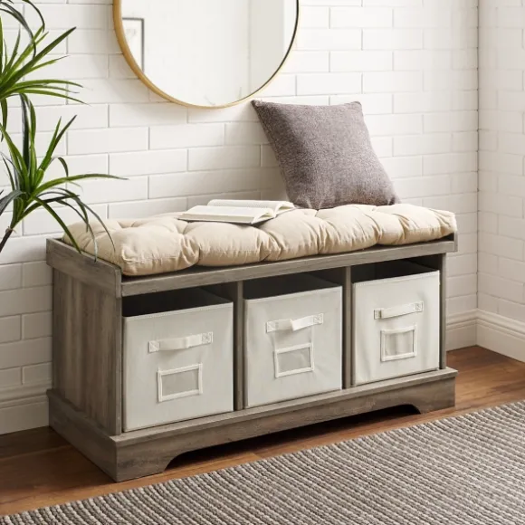 Kirkland's Home Benches & Ottomans-Gray Wash Entryway Bench And Storage Bins