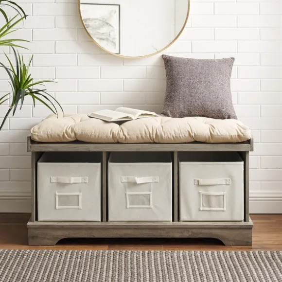 Kirkland's Home Benches & Ottomans-Gray Wash Entryway Bench And Storage Bins