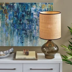 Kirkland's Home Table Lamps-Green Glass And Rat Shade Table Lamp, 23 In.