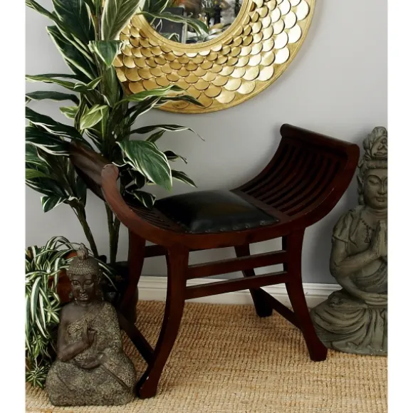 Kirkland's Home Benches & Ottomans-Grommet Leather And Mahogany Ottoman