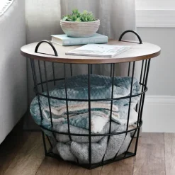 Kirkland's Home Accent & End Tables-Industrial Wire And Wood Basket Side Table