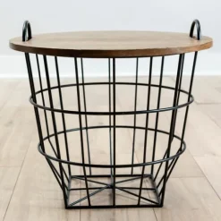 Kirkland's Home Accent & End Tables-Industrial Wire And Wood Basket Side Table