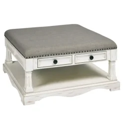 Kirkland's Home Coffee Tables-Ivory And Gray Upholstered Square Coffee Table