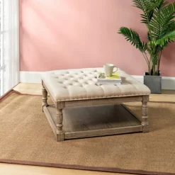 Kirkland's Home Benches & Ottomans-Ivory Linen Low Base Tufted Ottoman