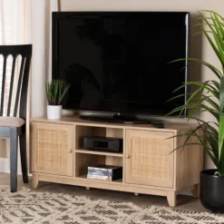 Kirkland's Home Tv Stands & Media Consoles-Light Wood And Cane Accent Tv Stand