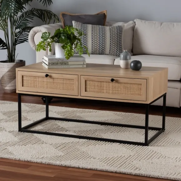 Kirkland's Home Coffee Tables-Light Wood And Rat 2-Drawer Coffee Table