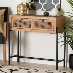 Kirkland's Home Console Tables-Light Wood And Rattan 2-Drawer Console Table