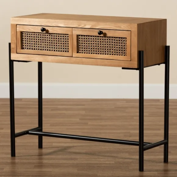 Kirkland's Home Console Tables-Light Wood And Rattan 2-Drawer Console Table