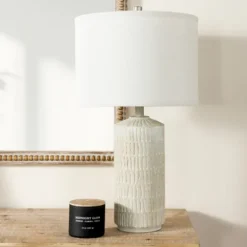 Kirkland's Home Table Lamps-Line Textured Whitewash Table Lamp