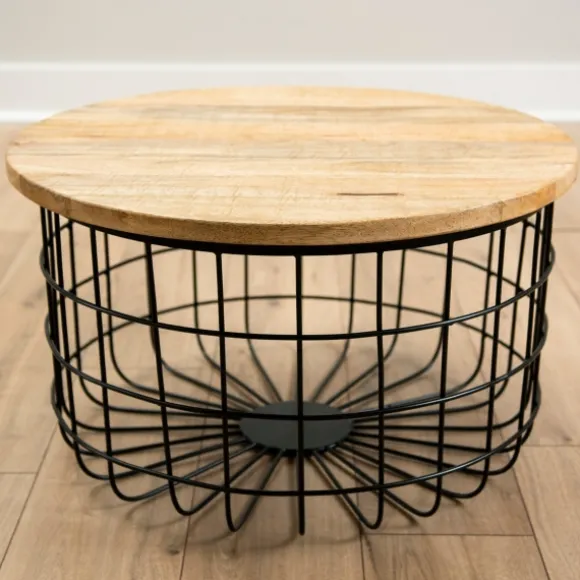 Kirkland's Home Coffee Tables-Mango Wood And Black Metal Basket Coffee Table