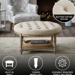 Kirkland's Home Benches & Ottomans-Martha Stewart Round Cream Ottoman With Shelf