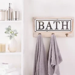 Kirkland's Home Hooks-Metal And Wood Bath Sign With Hooks