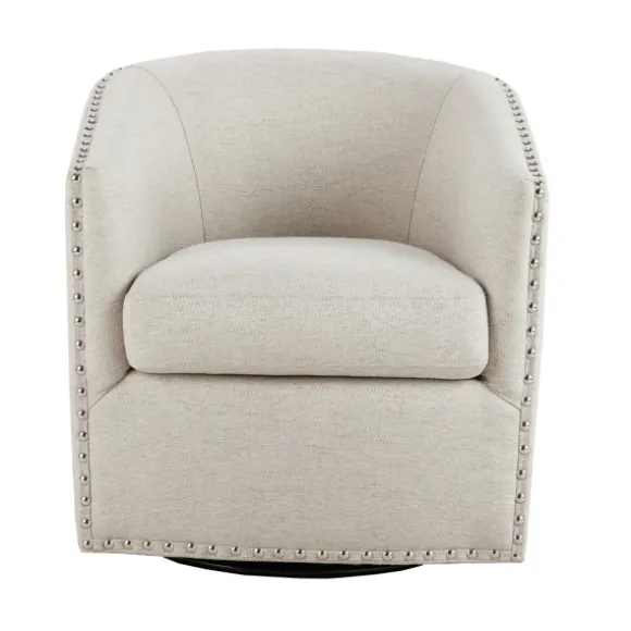 Kirkland's Home Accent Chairs-Metro Club Natural Swivel Chair With Nailhead Trim
