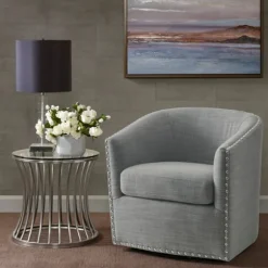 Kirkland's Home Accent Chairs-Nailhead Swivelling Barrel Accent Chair