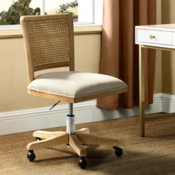 Kirkland's Home Office Furniture-Natural Cane Back Suede Office Chair