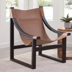 Kirkland's Home Accent Chairs-Natural Leather And Black Wood Sling Accent Chair