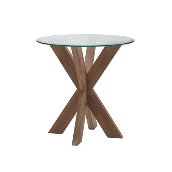Kirkland's Home Accent & End Tables-Natural Wood And Glass Top X-Base Accent Table