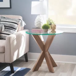 Kirkland's Home Accent & End Tables-Natural Wood And Glass Top X-Base Accent Table