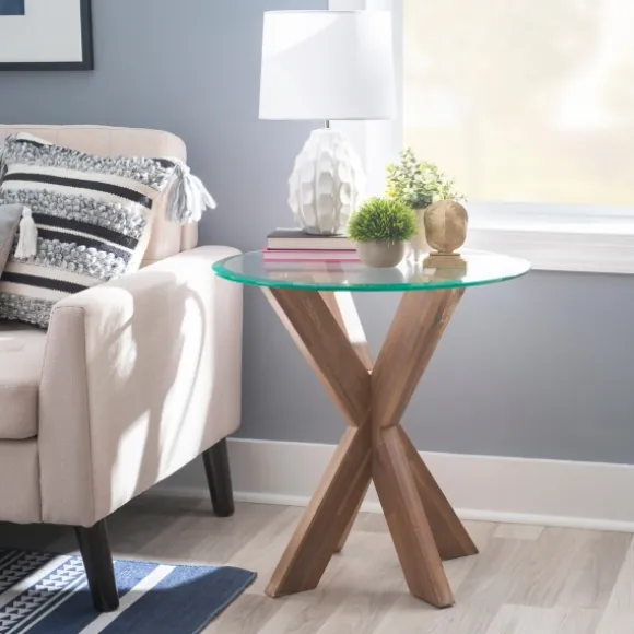 Kirkland's Home Accent & End Tables-Natural Wood And Glass Top X-Base Accent Table