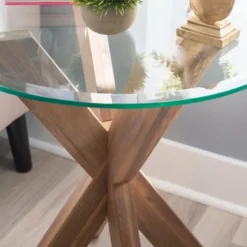 Kirkland's Home Accent & End Tables-Natural Wood And Glass Top X-Base Accent Table