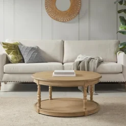 Kirkland's Home Coffee Tables-Natural Wood Finish Turned Leg Round Coffee Table