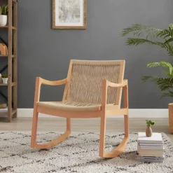 Kirkland's Home Accent Chairs-Natural Wood Modern Woven Rocking Chair