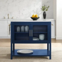 Kirkland's Home Kitchen Islands & Bar Carts-Navy And White Marble Top Kitchen Island