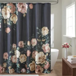 Kirkland's Home Shower Curtains-Navy Floral Cotton Shower Curtain