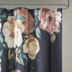 Kirkland's Home Shower Curtains-Navy Floral Cotton Shower Curtain