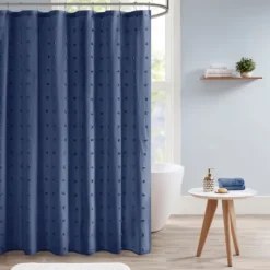 Kirkland's Home Shower Curtains-Navy Jacquard Pom Pom Cotton Shower Curtain