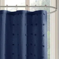 Kirkland's Home Shower Curtains-Navy Jacquard Pom Pom Cotton Shower Curtain