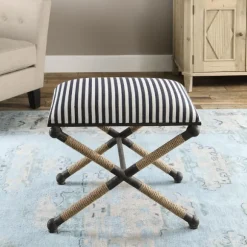 Kirkland's Home Benches & Ottomans-Navy Striped Seat And Black Metal Ottoman