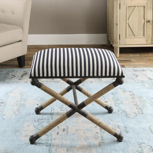 Kirkland's Home Benches & Ottomans-Navy Striped Seat And Black Metal Ottoman