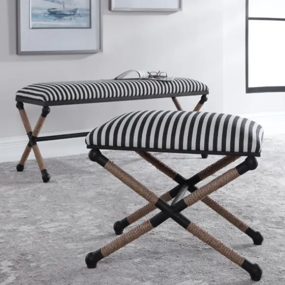 Kirkland's Home Benches & Ottomans-Navy Striped Seat And Black Metal Ottoman