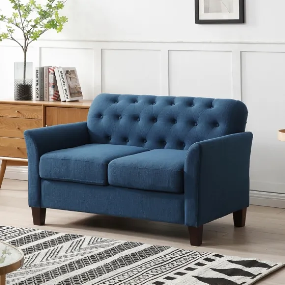 Kirkland's Home Sofas & Loveseats-Navy Upholstered Button Tufted Loveseat