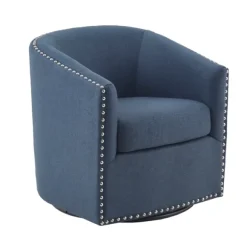 Kirkland's Home Accent Chairs-Navy Upholstered Nailhead Swivel Accent Chair