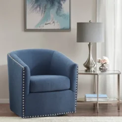 Kirkland's Home Accent Chairs-Navy Upholstered Nailhead Swivel Accent Chair