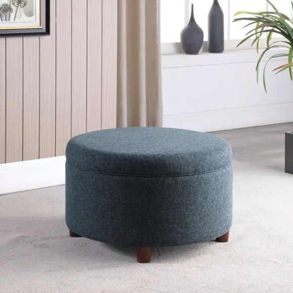 Kirkland's Home Benches & Ottomans-Navy Upholstered Round Storage Ottoman