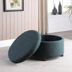 Kirkland's Home Benches & Ottomans-Navy Upholstered Round Storage Ottoman