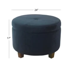 Kirkland's Home Benches & Ottomans-Navy Velvet Upholstered Round Storage Ottoman
