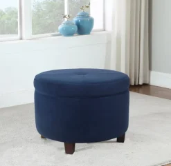 Kirkland's Home Benches & Ottomans-Navy Velvet Upholstered Round Storage Ottoman