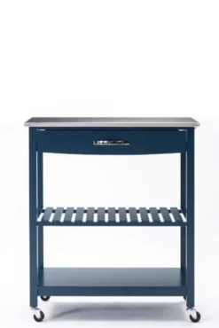Kirkland's Home Kitchen Islands & Bar Carts-Navy Wood And Stainless Steel Top Kitchen Cart