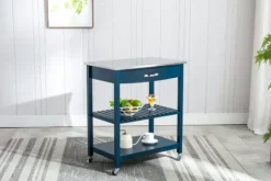 Kirkland's Home Kitchen Islands & Bar Carts-Navy Wood And Stainless Steel Top Kitchen Cart