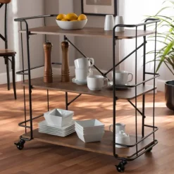 Kirkland's Home Kitchen Islands & Bar Carts-Nellie Walnut 3-Tier Mobile Bar Cart