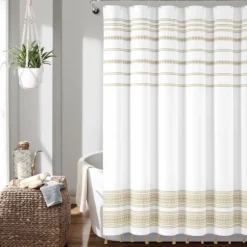 Kirkland's Home Shower Curtains-Neutral Striped And Tasseled Shower Curtain